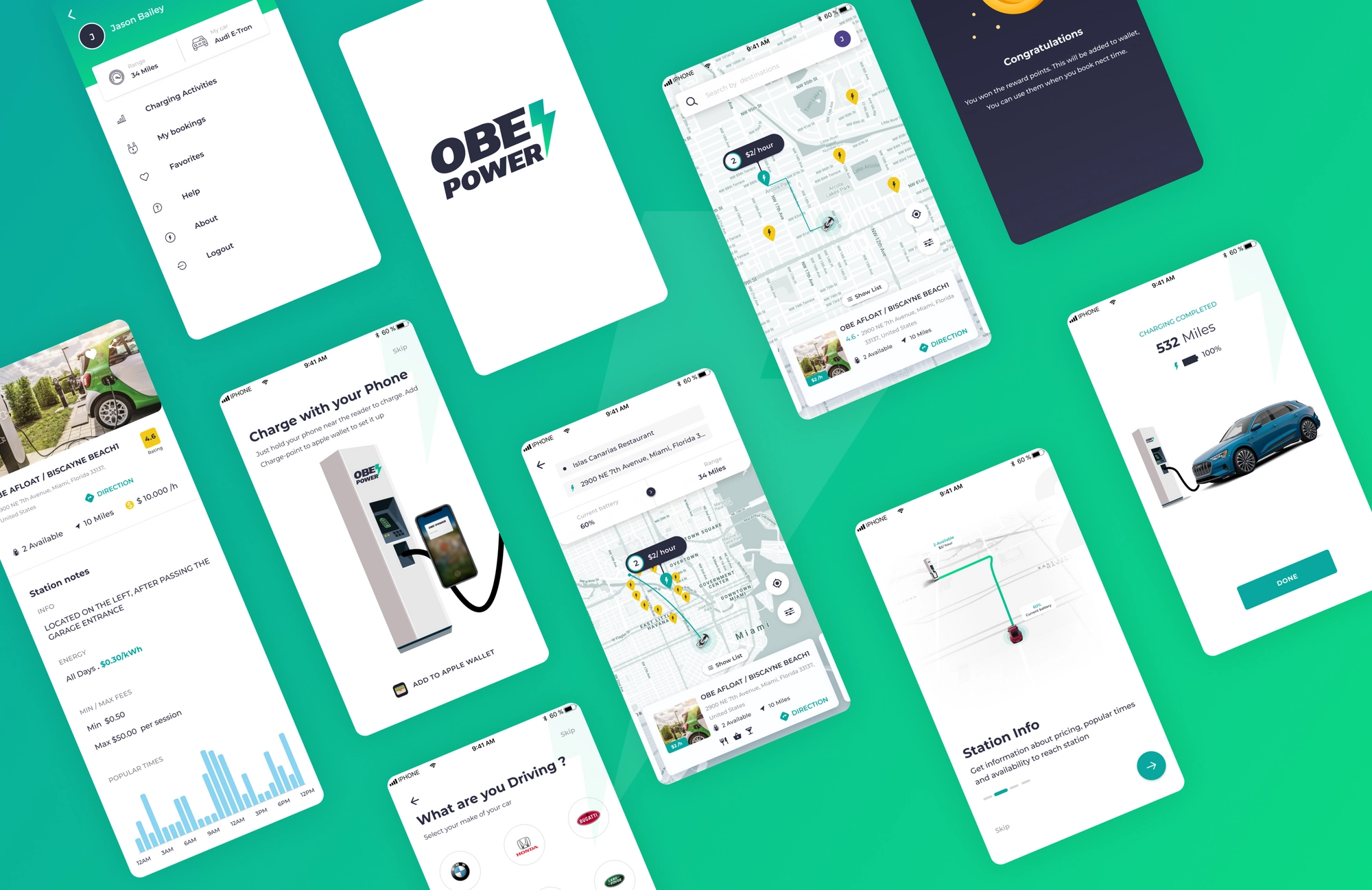 The shipped Obe Power app — station search, onboarding, booking, and trip planning screens