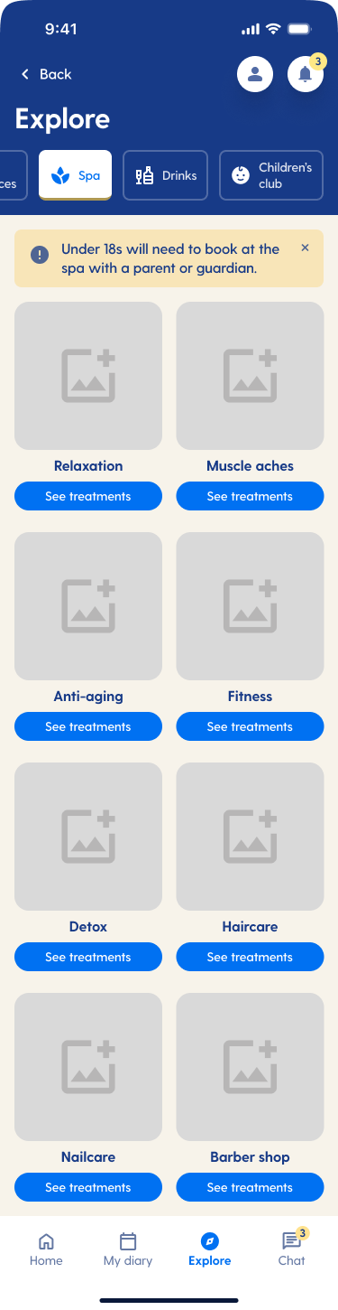 Spa categories screen