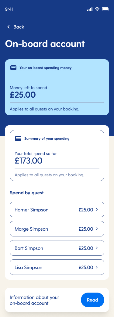 Onboard account and spending screen